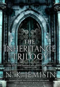Cover shows a photorealistic, ornate stone door, superimposed with text reading THE INHERITANCE TRILOGY. At bottom, INCLUDES A BRAND NEW NOVELLA SET IN THE SAME WORLD, THE AWAKENED KINGDOM