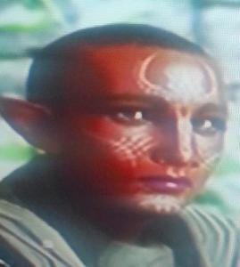 image shows a DA: Inquisition character: middle-toned black female elf with white facial markings and nearly bald shaven head
