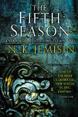 cover of The Fifth Season, a novel by N. K. Jemisin, shows a stone wall and decoration embossed with flaking gold